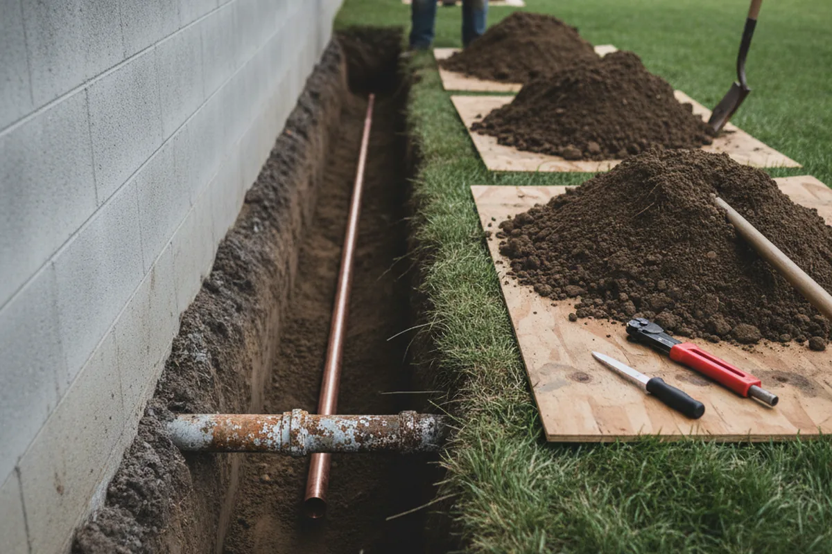 Excavated water line trench during Water Softener Installation in Mansfield Center